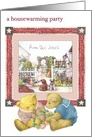 Open House Party invitation, teddy bear & cozy americana cottage card