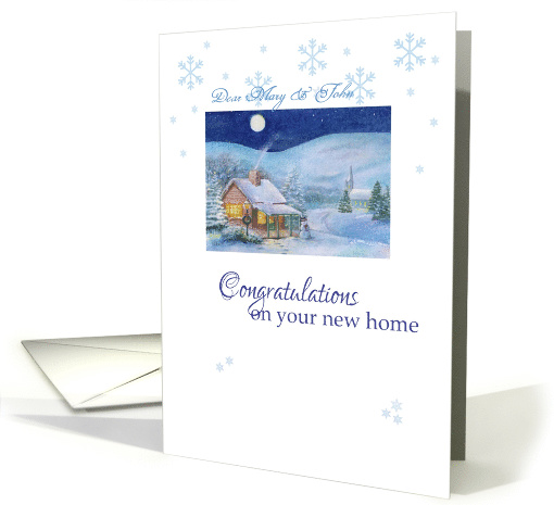 New home congratulations with winter landscape, personalize name card