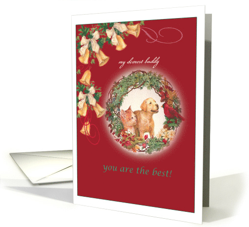 Merry Xmas Illustrated Puppy & Kitten with Custom Name card (1010121)