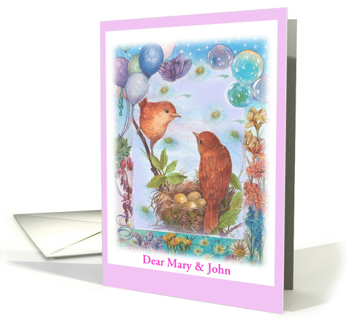 New Birth Illustrated Birds Congratulations, Personalize Name card