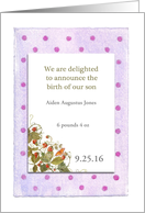Custom Baby Boy Announcement Polka Dots & Botanical card