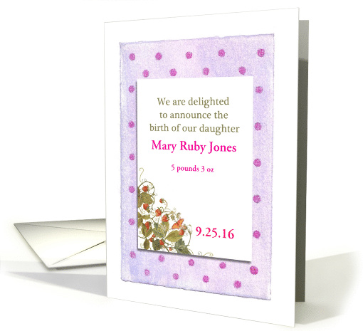 Custom Baby Girl Announcement Polka Dots & Botanical card (1317070)