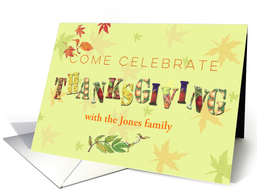 Thanksgiving Invite with Fun Fonts & Leaves Custom Name card (1549950)