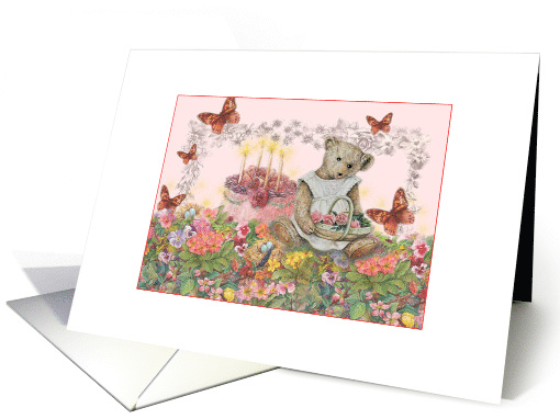 Illustrated Teddy Bear in Garden, Birthday Cake card (963519)