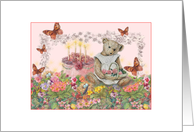 Illustrated Teddy Bear in Garden, Birthday Cake card