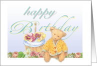 Illustrated teddy bear in garden, birthday cupcake card