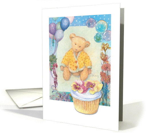 Illustrated cuddly teddy bear, birthday cupcake card (964681)