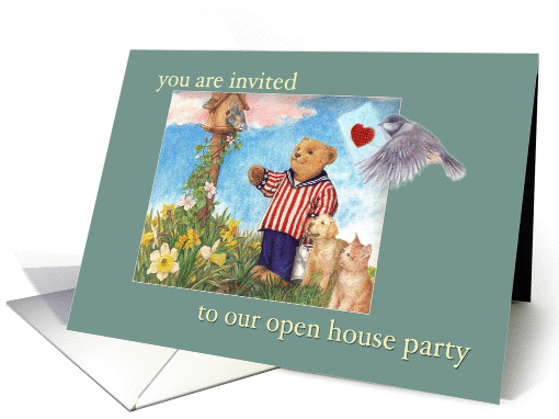 Open House Party invitation, illustrated teddy bear & pets card
