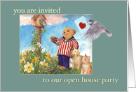 Open House Party invitation, illustrated teddy bear & pets card