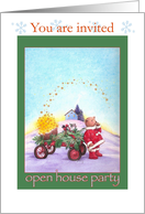 Winter open house invitation, illustrated teddy bear & twinkling stars card