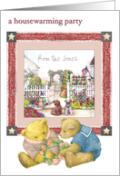 Open House Party invitation, teddy bear & cozy americana cottage card