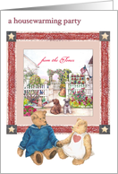 Open House Party invitation, teddy bear & cozy americana cottage card