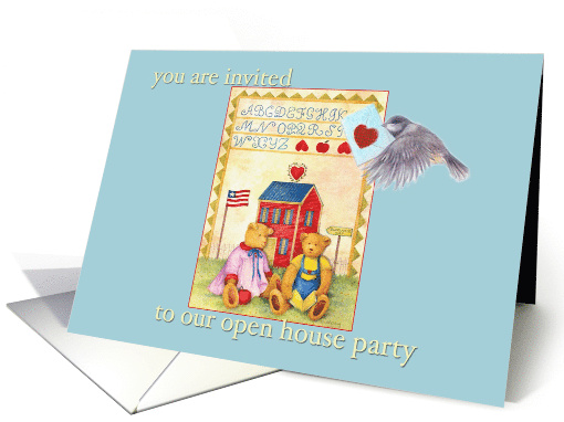 Open House Party Invitation, with Cozy Teddy Bears & Cottage card