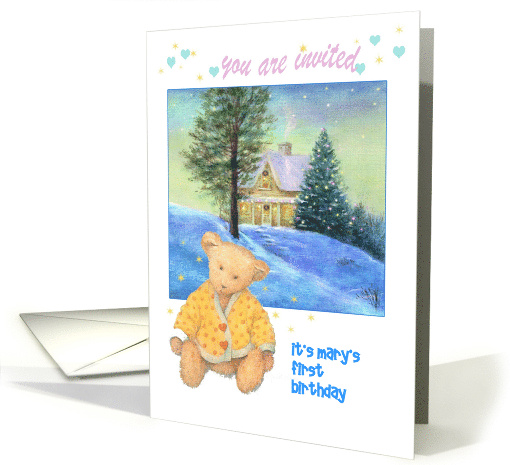 Whimsical Teddy Bear Twinkling Winter Cottage Custom Invite card