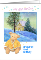 Whimsical Teddy Bear Twinkling Winter Cottage Custom Invite card