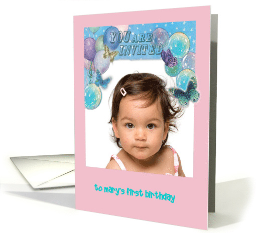 Custom Front Illustrated Balloons & Butterflies, Birthday Invite card