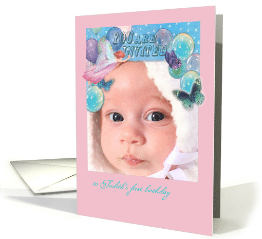 Pastel Balloons & Magical Fairy, First Birthday Custom Invite card