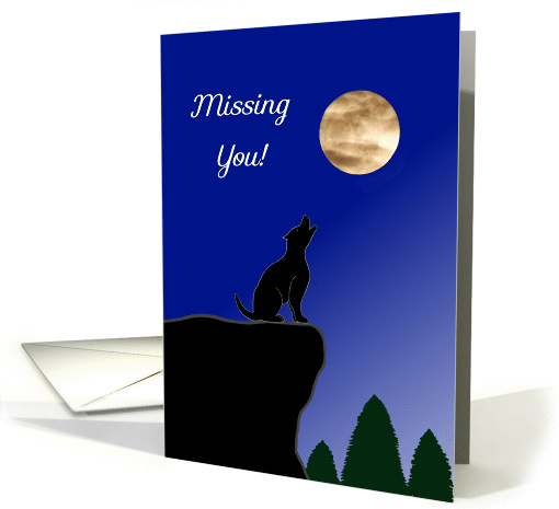 Missing you, wolf, moon, cliff, trees, blue gradient card (1374616)