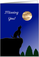 Missing you, wolf, moon, cliff, trees, blue gradient card