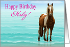 Chincoteague Pony on the Beach--Happy Birthday Custom Name card