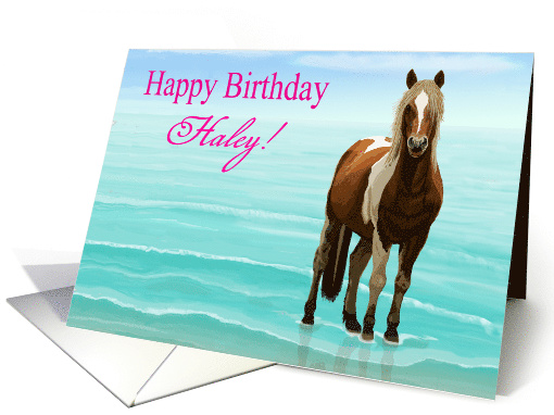 Chincoteague Pony on the Beach--Happy Birthday Custom Name card