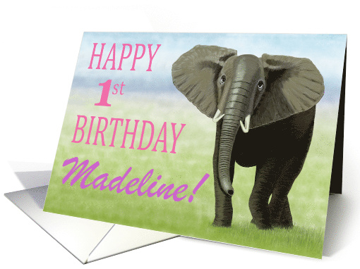 Curious Elephant--Happy 1st Birthday Custom Name Girl card (1406038)
