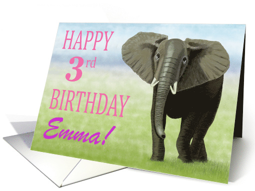 Curious Elephant--Happy 3rd Birthday Custom Name Girl card (1406206)