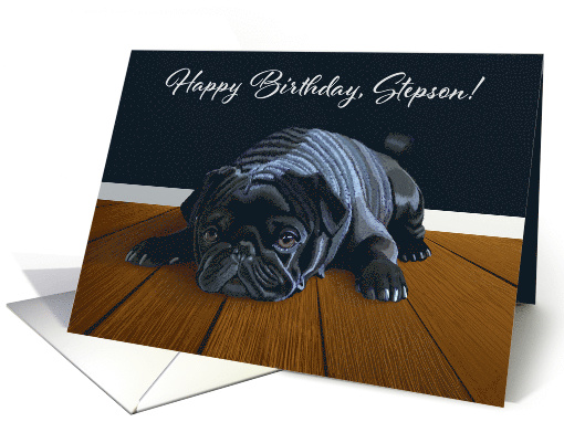 Black Pug Waiting for Playtime--Stepson Birthday card (1539942)
