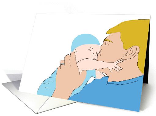 Happy First Father's Day - Blond Father Kissing Baby Boy in Blue card