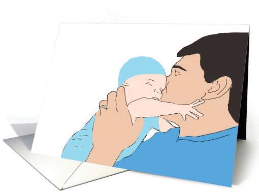 Happy Father's Day - Brunette Father Kissing Baby Boy in Blue card