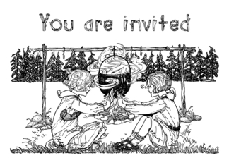 Camp Out Party Invitation, Vintage Girls Playing by Campfire