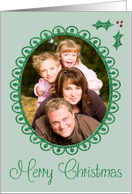 Simple Green Glitter-Effect Photo Frame with Holly Christmas Card