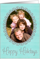 Simple Silver Glitter-Effect Photo Frame on Turquoise Happy Holidays card