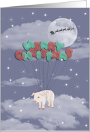 Flying Pig with Balloons on Christmas Eve, Stars, Moon and Santa card