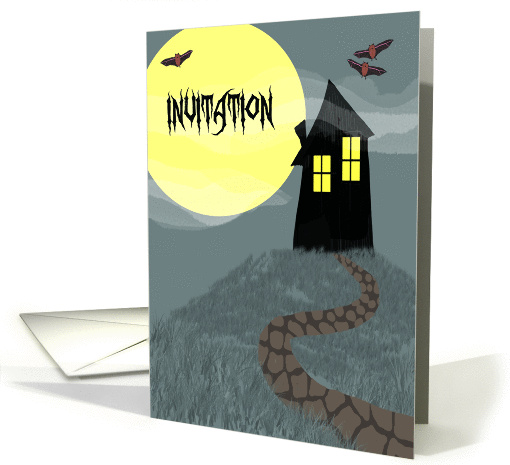 Haunted House, Full Moon, Flying Bats Halloween Party card (1112364)