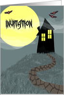 Haunted House, Full Moon, Flying Bats Halloween Party card