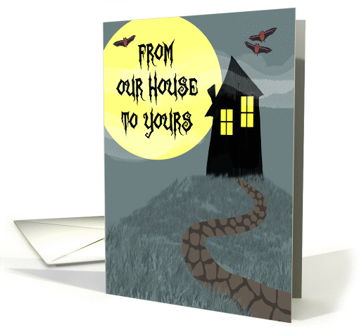 Haunted House, Full Moon, Flying Bats Halloween Greeting card