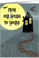 Haunted House, Full Moon, Flying Bats Halloween Greeting card