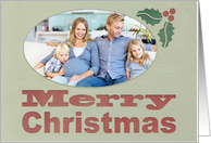 Letterpress Style, Retro Merry Custom Photo Christmas Card with Holly card