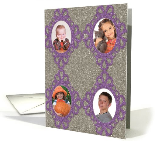Glitter-Effect Silver, Purple Framed Custom 4 Photos Holiday card