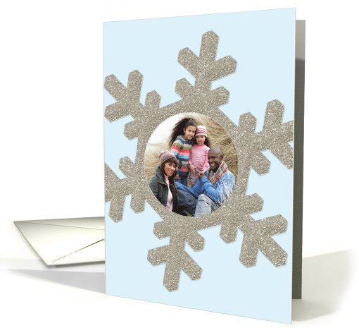 Simple Silver Glitter-Effect Snowflake Custom Photo Happy Holiday card
