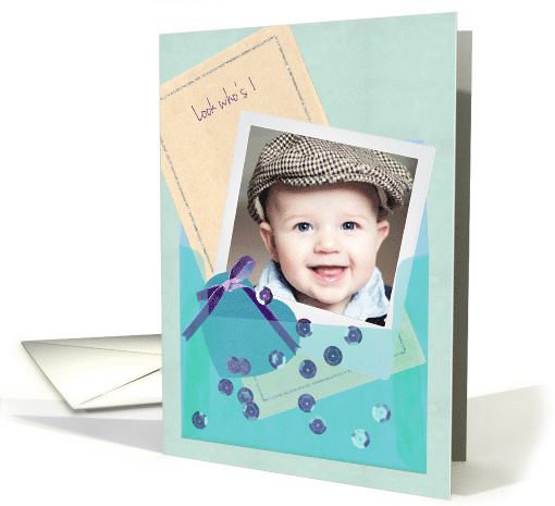 Custom Photo Vellum Envelope, Sequins Baby Boy Age 1 Birthday card