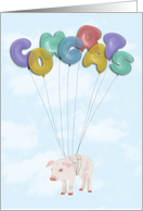 Pig Flying with Balloon Letters Congratulations Card