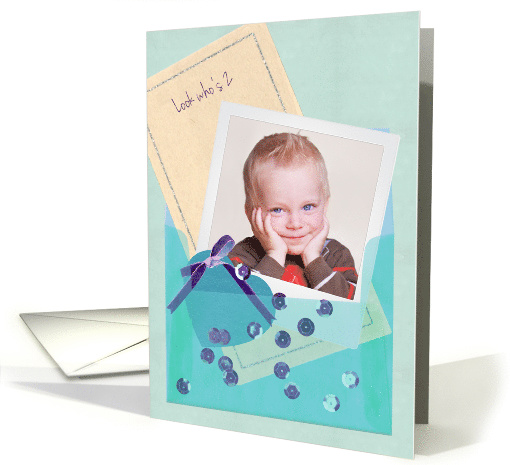 Custom Photo Vellum Envelope, Sequins Baby Boy Age 2 Birthday card