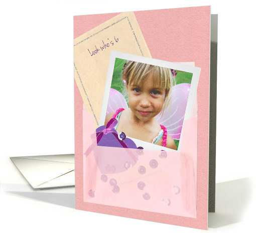Custom Photo Vellum Envelope, Sequins Girl Age 6 Birthday card