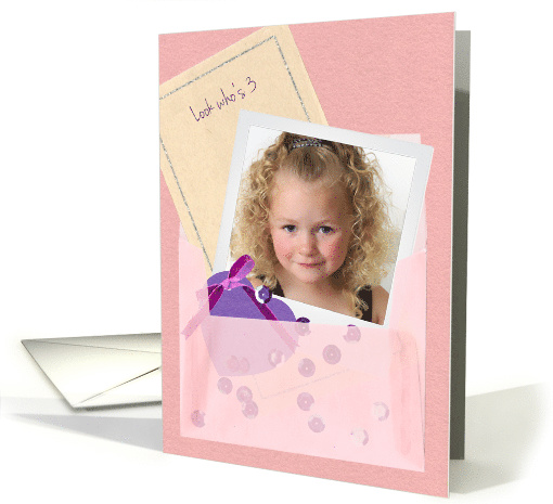 Custom Photo Vellum Envelope, Sequins Girl Age 3 Birthday card