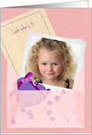 Custom Photo Vellum Envelope, Sequins Girl Age 3 Birthday Card