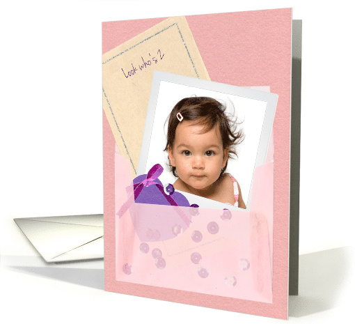 Custom Photo Vellum Envelope, Sequins Girl Age 2 Birthday card