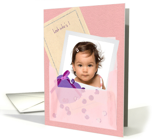 Custom Photo Vellum Envelope, Sequins Girl Age 1 Birthday card