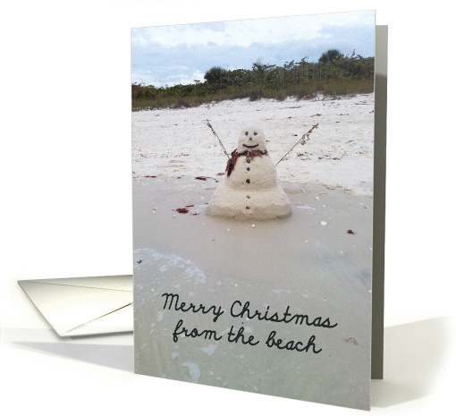 Sand Snowman on the Beach, Merry Christmas from the Beach card